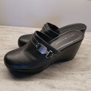 Tommy Hilfiger Black Leather Wedge Mules
